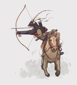 1girl alternate_costume armor arrow_(projectile) blonde_hair bow_(weapon) commentary crack drawing_bow dust grey_background haniwa_(statue) helmet highres holding holding_bow_(weapon) holding_weapon horseback_archery horseback_riding japanese_armor joutouguu_mayumi kabuto_(helmet) kote pants riding simple_background solo there2007 touhou weapon white_pants yellow_armor yellow_eyes