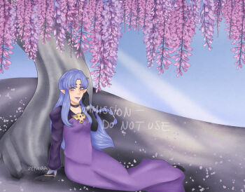 1girl artist_name black_choker blue_eyes blue_hair braid breasts choker clip_studio_paint_(medium) commentary commission dress english_commentary fate/stay_night fate_(series) flower gloves highres jewelry long_hair long_sleeves looking_at_viewer medea_(caster)_(fate) medea_(fate) pointy_ears side_braid smile solo tree under_tree watermark wisteria zephiiaa