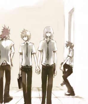 Rule 34 | 4boys, alternate costume, alternate universe, axel (kingdom hearts), black pants, black shoes, book, briefcase, checkered clothes, collared shirt, commentary, day, english commentary, expressionless, facing away, full body, grey hair, holding, holding book, holding briefcase, holding hands, illbewaiting, indoors, kingdom hearts, kingdom hearts ii, leg up, looking to the side, male focus, medium hair, multiple boys, muted color, necktie, pants, riku (kingdom hearts), roxas, school, school briefcase, school uniform, shirt, shoes, short hair, sitting, sora (kingdom hearts), spiked hair, standing, tile floor, tiles, walking, wristband, yaoi