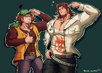 2boys bara beard belt blue_eyes breast_pocket burgerberg_q-taro chin_piercing commentary cosplay costume_switch covered_abs crossover danganronpa:_trigger_happy_havoc danganronpa_(series) denim ear_piercing english_commentary face_piercing facial_hair goatee green_background green_hat hat huge_pectorals jacket jeans kimi_ga_shine kuwata_leon male_focus multiple_boys multiple_piercings muscular muscular_male open_clothes open_jacket pants pectoral_cleavage pectorals piercing pocket punk_nautikal red_hair simple_background twitter_username white_jacket