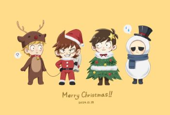Rule 34 | 4boys, :3, ?, alternate costume, animal costume, antenna hair, bell, black eyes, blonde hair, blush, brown hair, chibi, chibi only, christmas, christmas tree, collar, commentary request, dated, edd (eddsworld), eddsworld, english text, flipped hair, frown, grin, hair ears, hat, highres, holding, holding leash, holding sack, hollow eyes, kashimiato, leash, male focus, matt (eddsworld), merry christmas, multiple boys, orange hair, partial commentary, red collar, reindeer costume, sack, santa costume, santa hat, scarf, short hair, smile, snowman costume, spoken question mark, swept bangs, tom (eddsworld), top hat, tord (eddsworld), yellow background