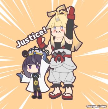 1boy 1girl :3 arm_up black_dress black_gloves black_shirt blonde_hair blunt_bangs bob_cut brother_and_sister clenched_hands closed_mouth coat commentary_request dress elbow_gloves english_text fingerless_gloves full_body gloves gwynn_(pokemon) hat ivor_(pokemon) long_hair long_sleeves mole mole_under_mouth nagu_umiga nintendo no_mouth open_clothes open_coat partially_fingerless_gloves pokemon pokemon_legends:_z-a purple_eyes purple_hair sandals shirt short_hair siblings single_elbow_glove twitter_username white_coat