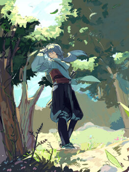 1boy 6_6udon arm_up blue_hair blue_hakama commentary_request day falling_leaves floating_clothes floating_hair forest frilled_sleeves frills fubuki_(nige_jouzu_no_wakagimi) full_body gloves hair_over_one_eye hakama highres japanese_clothes katana leaf long_sleeves looking_up low_ponytail nature nige_jouzu_no_wakagimi one_eye_covered outdoors parted_lips path ponytail road sandals scenery sheath sheathed smile sword tree walking weapon white_gloves zouri