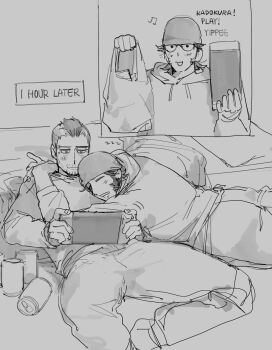 Rule 34 | 2boys, bag, beer can, can, commentary, contemporary, couple, cuddling, denim, drink can, drunk, english text, facial hair, goatee stubble, golden kamuy, greyscale, headband, highres, insert page, jeans, kadokura (golden kamuy), kirawus (golden kamuy), long sideburns, male focus, mature male, monochrome, multiple boys, mustache stubble, old, old man, oldgodgold, pants, plastic bag, short hair, sideburns, sketch, sparkle, stubble, symbol-only commentary, timestamp, undercut, yaoi