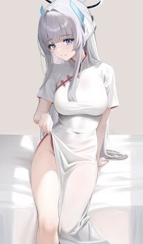 1girl alternate_costume blue_archive blunt_bangs breasts china_dress chinese_clothes closed_mouth clothes_lift commentary_request covered_navel dress dress_lift eyelashes grey_hair groin hair_intakes hair_ornament halo highres large_breasts lifting_own_clothes long_hair looking_at_viewer mechanical_halo no_panties noa_(blue_archive) official_alternate_costume on_bed purple_eyes ryouta_(ryouta335) see-through_clothes short_sleeves side_slit simple_background sitting smile solo split_mouth straight_hair thighs very_long_hair white_dress