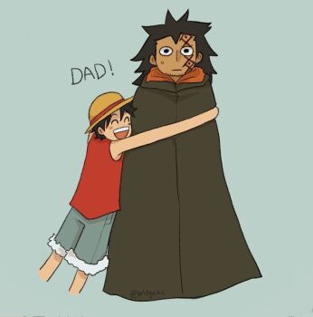 Rule 34 | 2boys, black hair, blue background, blue shorts, bridgekc, cloak, commentary, english commentary, facial tattoo, father and son, hat, highres, hood, hooded cloak, hug, long hair, male focus, monkey d. dragon, monkey d. luffy, multiple boys, one piece, open mouth, red shirt, shirt, short hair, shorts, sleeveless, sleeveless shirt, straw hat, sweatdrop, tattoo, tumblr username