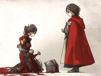 armor belt blood blood_on_armor blood_on_face blood_on_helmet blue_eyes brown_hair cape chainmail commentary english_commentary helmet ironlily kneeling lady_merle_(ironlily) medieval multiple_girls ordo_mediare_sisters_(ironlily) own_hands_clasped own_hands_together sheath sheathed surcoat sword unworn_headwear unworn_helmet weapon