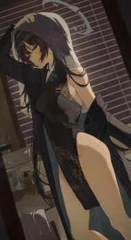 1girl absurdres bare_shoulders black_hair black_jacket blue_archive blush breasts china_dress chinese_clothes dragon_print dress from_side grey_eyes grey_halo hair_between_eyes halo highres jacket k.j. kisaki_(blue_archive) long_hair looking_at_viewer medium_breasts open_clothes open_jacket parted_lips sidelocks smile solo striped_clothes striped_jacket towel towel_on_head vertical-striped_clothes vertical-striped_jacket wet wet_hair