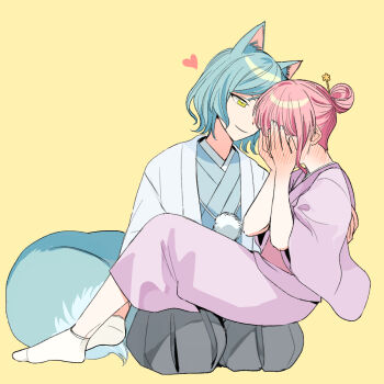 2girls animal_ears bang_dream! blue_kimono blush blush_visible_through_hands chieh closed_mouth commentary ear_blush fox_ears fox_girl fox_tail full-face_blush green_eyes grey_skirt hair_bun heart hikawa_hina jacket japanese_clothes kemonomimi_mode kimono maruyama_aya multiple_girls pink_hair purple_kimono simple_background sitting sitting_on_lap sitting_on_person skirt socks symbol-only_commentary tail white_jacket white_socks yellow_background yuri