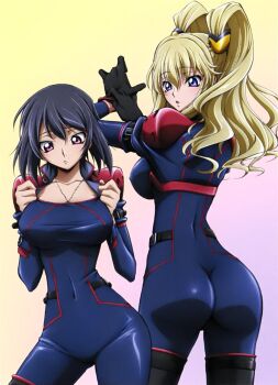 2girls blonde_hair blue_eyes code_geass code_geass:_boukoku_no_akito highres kousaka_ayano leila_malcal mecha_pilot_suit multiple_girls skin_tight