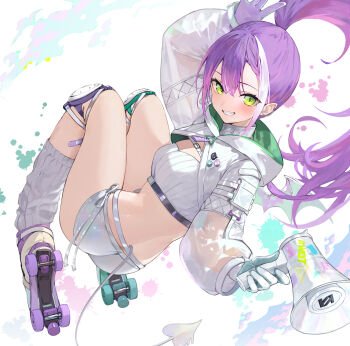 1girl bandaid bandaid_on_leg chest_belt colored_inner_hair commentary_request demon_girl demon_tail demon_wings green_eyes grey_socks grin hair_ornament highres hololive hood hooded_shrug knee_pads long_hair long_sleeves looking_at_viewer loose_socks maro2ki3 megaphone multicolored_hair official_alternate_costume official_alternate_hairstyle paint_splatter pink_hair pointy_ears ponytail puffy_long_sleeves puffy_sleeves purple_hair roller_skates see-through_clothes see-through_sleeves short_shorts shorts shrug_(clothing) simple_background skates smile socks solo strapless streaked_hair tail tokoyami_towa tokoyami_towa_(cyberpunk) tube_top turtleneck virtual_youtuber white_background white_shorts white_shrug white_tube_top white_wings wings