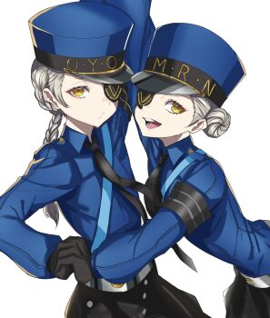 2girls black_gloves black_skirt blue_hat blue_shirt braid caroline_(persona_5) commentary_request eyelashes eyepatch gloves grey_hair hair_bun hat highres holding_hands justine_(persona_5) looking_at_viewer multiple_girls open_mouth persona persona_5 s-m-53413 shirt simple_background skirt smile standing white_background yellow_eyes
