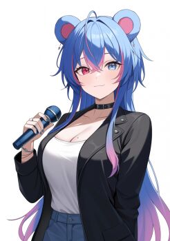 1girl :3 ahoge animal_ears bear_ears black_choker black_jacket blue_eyes blue_hair breasts choker closed_mouth collarbone commission denim heterochromia highres holding holding_microphone jacket long_hair long_sleeves looking_at_viewer microphone mole mole_on_breast multicolored_hair open_clothes open_jacket original red_eyes shirt shirt_tucked_in smile solo streaked_hair two-tone_hair upper_body white_shirt ysoa26