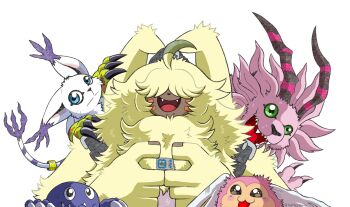Rule 34 | angoramon, batamon, digimon, digimon (creature), dragon, fangs, gloves, green eyes, highres, holy ring, holydramon, horns, open mouth, picklemon, tailmon