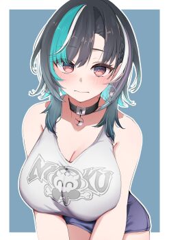 1girl aqua_hair bare_shoulders black_hair blue_background blush border breasts choker cleavage closed_mouth cowboy_shot hololive hololive_dev_is large_breasts leaning_forward looking_at_viewer mole mole_on_neck multicolored_hair outline purple_eyes purple_hair rindo_chihaya rindo_chihaya_(1st_costume) short_hair shorts simple_background sleeveless solo tank_top virtual_youtuber white_border white_hair white_outline yamaki_(yamaki801)