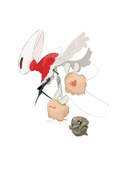 1girl :3 artist_name ben-day_dots black_eyes chinese_commentary cloak closed_mouth commentary_request fang flea_(hollow_knight) full_body fur-trimmed_cloak fur_trim highres hightguy holding holding_weapon hollow_knight hollow_knight:_silksong hornet_(hollow_knight) horns needle_(hollow_knight) open_mouth red_cloak screentones thread twisted_bud_(hollow_knight) weapon white_background wings