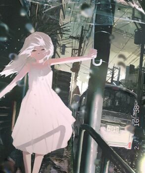 1girl bare_arms blurry building car dated depth_of_field dress feet_out_of_frame holding holding_umbrella long_hair looking_at_viewer motor_vehicle original outdoors power_lines rain sky sleeveless sleeveless_dress solo standing sundress transparent transparent_umbrella umbrella utility_pole utwob0 vhs_artifacts white_dress white_hair
