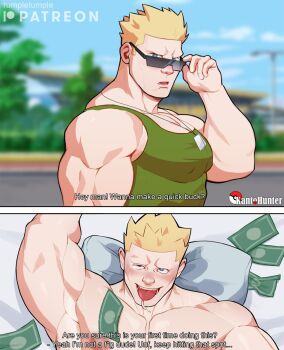 1boy ahegao artist_name bara bed biceps blonde_hair blue_eyes blurry blurry_background blush covered_erect_nipples dog_tags english_text highres jewelry large_pectorals looking_at_viewer male_focus manly mature_male money muscular muscular_arms muscular_male necklace nintendo nose_blush on_bed outdoors patreon_username pectorals pokemon pokemon_hgss rumple_tumple saliva saliva_trail signature sky solo spiked_hair sunglasses surge_(pokemon) tank_top tongue tree