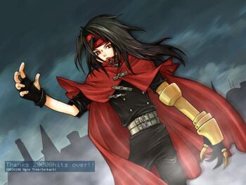 Rule 34 | 1boy, 2002, artist name, bad id, belt, belt buckle, black gloves, black hair, buckle, cloak, commentary request, dated, final fantasy, final fantasy vii, fog, gloves, grey belt, hand up, headband, long hair, male focus, milestone celebration, red cloak, red eyes, red headband, saikachi (ogre tree), solo, vincent valentine
