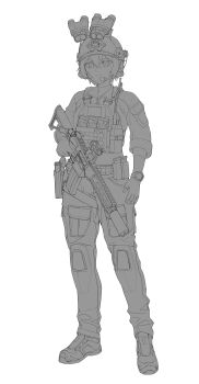 1girl absurdres ammunition_pouch ar-15 assault_rifle bandaid bandaid_on_face belt_pouch blush boots bt_(user_udwc7853) bulletproof_vest cargo_pants closed_mouth combat_helmet commentary ear_protection english_commentary fingerless_gloves fingernails glock gloves glowstick gun hair_between_eyes handgun helmet highres holster lapels load_bearing_vest looking_at_viewer magazine_(weapon) monochrome night_vision_device optical_sight original pants pouch rifle shirt short_hair simple_background sleeves_rolled_up smile solo standing suppressor tactical_clothes trigger_discipline turtleneck unfinished walkie-talkie watch weapon white_background wristwatch