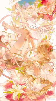 1girl absurdres book bow braid brown_hair cake dress flower food fork fruit gloves green_eyes hair_between_eyes hair_flower hair_ornament heterochromia highres holding holding_fork lamblab0824 legs_up long_hair looking_at_viewer open_mouth original puffy_sleeves red_flower ribbon rose sensitive shoes simple_background smile solo strawberry thighhighs veil white_background white_dress white_flower white_gloves white_thighhighs