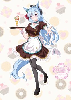 Rule 34 | 1girl, alternate costume, animal ears, apron, black bow, black thighhighs, blue hair, blush, bow, braid, breasts, brown shirt, brown skirt, coco's, collar, commentary request, crown braid, cupcake, donut, food, frilled collar, frills, highres, holding, holding tray, horse ears, horse girl, horse tail, large breasts, long hair, looking at viewer, mejiro ardan (umamusume), open mouth, parfait, ponytail, puffy short sleeves, puffy sleeves, purple eyes, reaching, reaching towards viewer, shirt, shoes, short sleeves, skirt, smile, solo, tail, take20131004, thighhighs, tray, umamusume, waist apron, waitress, white apron, white wrist cuffs, wrist cuffs