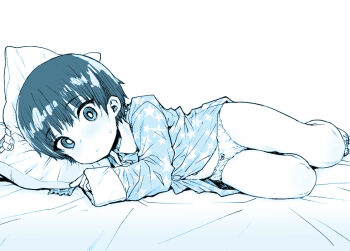 1girl barefoot bed_sheet blue_theme blush bow bow_panties closed_mouth commentary_request condom condom_wrapper full_body head_on_pillow holding holding_pillow loli long_sleeves looking_at_viewer lying midriff_peek monochrome no_pants on_bed on_side original pajamas panties pillow ponsuke_(pon00000) pov_across_bed print_pajamas short_hair solo star_(symbol) star_print sweat underwear