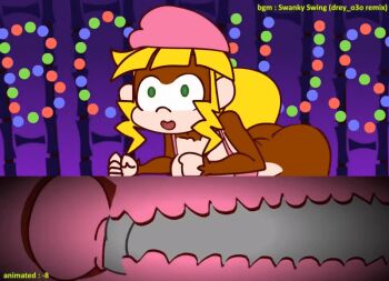 1boy 1girl 2021 20s animated animated_gif ape ass banana blonde_hair bouncing_breasts breasts cervix dixie_kong dixie_kong_animation_(minus8) donkey_kong_(series) donkey_kong_country erection food fruit furry furry_with_non-furry green_eyes hat hetero interspecies jungle large_breasts long_hair minuspal monkey monkey_girl nature nintendo open_mouth penis pink_hat sex simple_background solo_focus tagme uterus vaginal