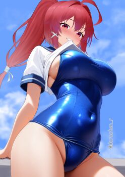1girl ahoge blue_one-piece_swimsuit blush breasts commentary_request covered_navel day dorachan_r hair_ornament hair_ribbon highleg highres i-168_(kancolle) kantai_collection large_breasts lifting_own_clothes long_hair looking_at_viewer old_school_swimsuit one-piece_swimsuit outdoors pink_hair ponytail red_eyes red_hair ribbon school_swimsuit school_swimsuit_flap school_uniform serafuku sitting smile solo swimsuit swimsuit_under_clothes