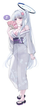 1girl alternate_costume bare_shoulders blue_archive breasts cleavage closed_mouth commentary fingernails grey_hair grey_kimono halo hand_fan heart high_ponytail highres holding holding_fan japanese_clothes kimono large_breasts long_hair looking_at_viewer melt_(melt_out1) nail_polish noa_(blue_archive) ponytail purple_eyes purple_nails simple_background smile solo spoken_heart toenail_polish toenails very_long_hair white_background