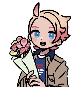 Rule 34 | 1boy, :d, ahoge, blonde hair, blue eyes, blue shirt, blush stickers, bouquet, brown jacket, eneko (olavcnkrpucl16a), flower, happy, holding, jacket, male focus, nintendo, no sclera, open clothes, open jacket, open mouth, pink flower, pokemon, pokemon legends: z-a, print shirt, shirt, simple background, smile, solo, teeth, upper teeth only, urbain (pokemon), white background