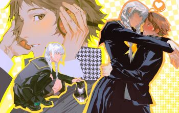 Rule 34 | 2boys, adjusting headphones, animal, black skirt, blush, braid, brown hair, cat, crossdressing, crossdressing (mtf), embarrassed, grin, hanamura yousuke, hashtag-only commentary, headphones, heart, highres, hug, multiple boys, narukami yu, neckerchief, orange outline, outline, persona, persona 4, petting, pleated skirt, sailor collar, short hair, skirt, smile, speech bubble, spoken heart, twin braids, yaoi, yellow neckerchief, yellow outline, yinbito