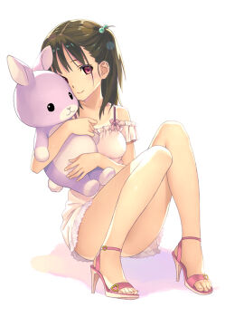 1girl blush breasts brown_hair closed_mouth collarbone convenient_leg dress feet frilled_dress frills full_body hair_ornament holding knees_together_feet_apart knees_up koutaro legs medium_breasts one_side_up original red_eyes sandals shadow short_sleeves simple_background sitting smile solo strappy_heels stuffed_animal stuffed_rabbit stuffed_toy thighs toenails toes white_background white_dress
