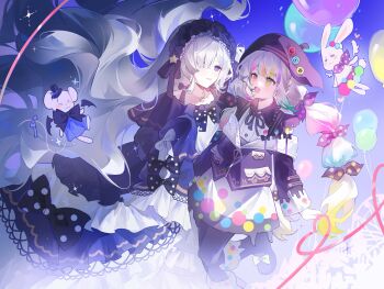 2girls absurdres animalization balloon beret black_jacket black_skirt blue_background blue_dress bow commentary_request dress floating_hair frilled_dress frills gothic_lolita hair_over_one_eye hairband hat heart heart_of_string heterochromia highres jacket jogasaki_noah lolita_fashion lolita_hairband long_hair long_sleeves looking_at_another mahou_shoujo_no_majo_saiban mouse_(animal) multi-tied_hair multicolored_hair multiple_girls natsume_an-an neck_ribbon open_mouth person_and_animalization polka_dot polka_dot_bow purple_eyes rabbit ribbon skirt sleeves_past_fingers sleeves_past_wrists smile streaked_hair very_long_hair white_hair yellow_eyes ztt0020139