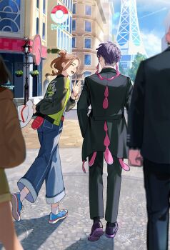 1other 2girls 3boys absurdres black_hair black_jacket blue_shoes brown_hair building cobblestone commentary_request corbeau_(pokemon) denim fletchling from_behind gen_6_pokemon green_jacket harmony_(pokemon) hat highres holding holding_unworn_clothes holding_unworn_hat jacket jeans lamppost lida_(pokemon) light_fixture multiple_boys multiple_girls nintendo open_clothes open_jacket open_mouth pants philippe_(pokemon) poke_ball pokemon pokemon_(creature) pokemon_center pokemon_legends:_z-a prism_tower purple_hair purple_shoes reii_(rayyar007) shadow shoes shorts smile tree trilby unworn_hat unworn_headwear walking white_hat