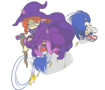 1boy 1girl andou_ringo cape crossover crotch_kick cunt_punt green_eyes hat kicking mudadamuda open_mouth pain pantyhose poison_ringo purple_hat purple_robe puyopuyo red_hair robe shoes sonic_(series) sonic_the_hedgehog staff surprised white_background witch_hat