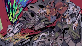 armor battle biomechanical body_horror debris devil_gundam energy_wings extra_faces g_gundam god_gundam green_eyes gundam hose joints lips mecha mk-5 mobile_suit monster moonlight_butterfly_(gundam) multicolored_armor multiple_heads no_humans nose nostrils red_armor red_background red_eyes robot robot_joints science_fiction sharp_teeth teeth tongue turn_a_gundam turn_a_gundam_(mobile_suit) vent_(object) white_armor wire
