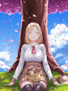 1girl against_tree animal black_thighhighs blonde_hair blue_sky brown_skirt bubba_(watson_amelia) bush cherry_blossoms closed_eyes closed_mouth cloud collared_shirt dog dog_on_lap highres hololive hololive_english medium_hair nihto o-ring o-ring_thigh_strap outdoors shirt skirt sky smile solo thigh_strap thighhighs tree virtual_youtuber watson_amelia watson_amelia_(1st_costume) white_shirt