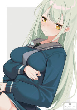 1girl bang_dream! bang_dream!_it&#039;s_mygo!!!!! blue_shirt border bottomless breasts closed_mouth green_hair grey_background highres kebohan long_hair long_sleeves medium_breasts outside_border school_uniform shirt solo tsukinomori_school_uniform wakaba_mutsumi white_border yellow_eyes