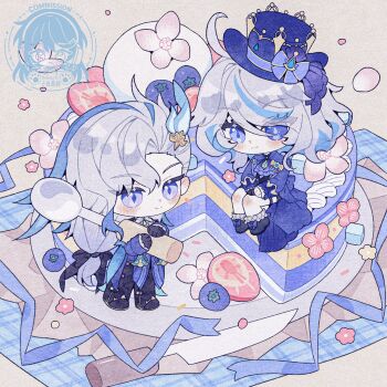 1boy 1girl birthday_cake black_gloves blue_eyes blue_hair cake chibi commentary english_commentary flower food full_body furina_(genshin_impact) genshin_impact gloves happy_birthday hat highres knife long_hair multicolored_hair neuvillette_(genshin_impact) pink_flower purple_eyes sitting spoon streaked_hair top_hat white_hair yixiangxi