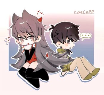 Rule 34 | ..., 2girls, alternate costume, animification, black boots, blush, boots, border, brown eyes, brown hair, brown pants, chibi, chibi only, demon horns, demon tail, eddsworld, ell (eddsworld), english text, gradient background, green hoodie, green shoes, hair ears, highres, hood, hoodie, horns, leotard, long hair, multiple girls, open mouth, pants, red leotard, scarf, shoes, spoken ellipsis, striped clothes, striped scarf, sweatdrop, tail, thigh boots, tori (eddsworld), very long hair, white border, yunian77, yuri