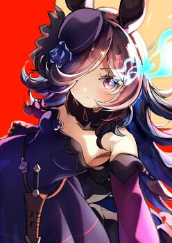 1girl absurdres animal_ears bare_shoulders blue_dress blue_flower blue_hat blue_rose blush brown_hair closed_mouth dagger dress eye_trail fascinator flipped_hair flower fur_choker hair_over_one_eye hashtag-only_commentary hat hat_flower highres horse_ears horse_girl knife light_trail long_hair long_sleeves looking_at_viewer off-shoulder_dress off_shoulder outstretched_arm purple_eyes rice_shower_(rosy_dreams)_(umamusume) rice_shower_(umamusume) rose sheath sheathed smile solo tilted_headwear umamusume weapon yu-muge