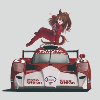 1girl absurdres animal_ears blue_eyes bow brown_hair car domino_mask ear_bow ear_ornament ear_scrunchie el_condor_pasa_(umamusume) eye_mask full_body hashtag-only_commentary highres horse_ears horse_girl horse_tail long_sleeves mask motor_vehicle race_vehicle racecar racing_suit red_racing_suit tail toyota toyota_ts020 umamusume yanparap