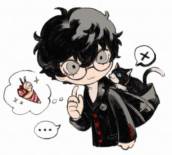... 1boy :3 amamiya_ren animal bag black_bag blue_eyes buttons cat closed_mouth cropped_torso eyelashes grey_eyes hair_between_eyes highres jacket lapels male_focus morgana_(cat)_(persona_5) morgana_(persona_5) parted_hair persona persona_5 saichuu_(more1208) school_uniform shuujin_academy_school_uniform smile speech_bubble spoken_ellipsis spoken_object spoken_x thought_bubble white_background x_(symbol)