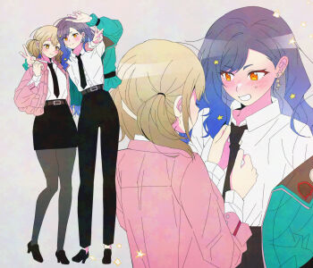 2girls absurdres adjusting_another&#039;s_clothes adjusting_clothes adjusting_necktie azusawa_kohane belt black_necktie black_pants black_pantyhose black_shoes black_skirt blue_hair blue_jacket blush brown_belt brown_hair collared_shirt dress_shirt ear_blush ear_piercing earrings hair_ornament highres jacket jewelry lilyburglar medium_hair multiple_girls necktie open_mouth orange_eyes pants pantyhose piercing pink_jacket project_sekai shiraishi_an shirt shoes short_twintails skirt star_(symbol) star_hair_ornament twintails v white_shirt yuri