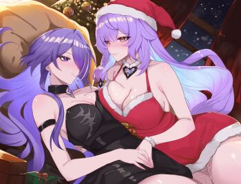 2girls acheron_(honkai:_star_rail) alternate_costume arm_strap bare_shoulders black_swan_(honkai:_star_rail) blush breasts cleavage commentary dress earrings english_commentary fur-trimmed_dress fur_trim highres honkai:_star_rail honkai_(series) indoors jewelry large_breasts long_hair looking_at_another lying multicolored_hair multiple_girls night on_back orange_eyes parted_lips purple_eyes purple_hair pussy_juice red_dress samlatte streaked_hair thighs yuri