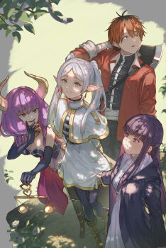 1boy 3girls :o aura_(sousou_no_frieren) axe balancing black_boots black_gloves boots breasts commentary_request demon_horns dress elbow_gloves elf fern_(sousou_no_frieren) frieren gloves highres holding horns jacket long_hair looking_at_viewer medium_breasts multiple_girls outdoors pointy_ears red_hair red_jacket short_hair smile sousou_no_frieren standing stark_(sousou_no_frieren) tree twintails ve_0ekaki white_dress white_hair