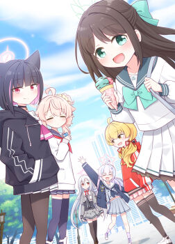 6+girls :d ^_^ after-school_sweets_club_(blue_archive) ahoge airi_(blue_archive) animal_ears arm_up backpack bag black_choker black_hair black_jacket black_pantyhose black_thighhighs blonde_hair blue_archive blue_hair blue_jacket blue_sailor_collar blue_skirt blue_thighhighs blunt_ends bow brown_hair brown_shoes cat_ears cat_girl choker closed_eyes closed_mouth colored_inner_hair commentary_request day dot_mouth food green_bow green_eyes green_halo green_sailor_collar grey_hair grey_serafuku grey_shirt grey_skirt hair_bow hair_ornament hair_ribbon halo hands_in_pockets harada_(sansei_rain) highres holding holding_food holding_ice_cream holding_ice_cream_cone hood hood_down hooded_jacket ice_cream ice_cream_cone jacket kazusa_(blue_archive) long_hair long_sleeves low_twintails miniskirt multicolored_hair multiple_girls natsu_(blue_archive) neckerchief open_mouth outdoors pantyhose pink_bag pink_eyes pink_hair pink_halo pink_skirt pleated_skirt puffy_long_sleeves puffy_sleeves red_eyes red_jacket red_neckerchief red_ribbon reisa_(blue_archive) ribbon sailor_collar sailor_shirt school_uniform serafuku shirt shoes short_hair skirt smile star_halo suzumi_(blue_archive) thighhighs trinity_general_school_logo twintails two-tone_hair very_long_hair white_serafuku white_shirt white_shoes white_skirt yellow_eyes yoshimi_(blue_archive)