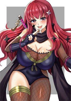 1girl :d absurdres asymmetrical_legwear black_scarf bodystocking breasts cleavage covered_navel elbow_gloves facial_mark fingerless_gloves fire_emblem fire_emblem_engage fire_emblem_heroes fishnet_bodystocking fishnet_thighhighs fishnets gloves gluteal_fold gradient_scarf hair_ornament highres holding holding_shuriken holding_weapon huge_breasts looking_at_viewer ninja nintendo official_alternate_costume open_mouth scarf shuriken shuriken_hair_ornament skindentation smile star_(symbol) star_facial_mark star_hair_ornament tara_(szzj7733) thick_thighs thighhighs thighs weapon wide_hips yunaka_(fire_emblem) yunaka_(stealthy_imitator)_(fire_emblem)