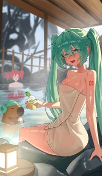 2girls :d absurdres aqua_eyes aqua_hair aqua_nails bare_shoulders breasts capybara cleavage collarbone commentary cup dolgom drill_hair english_commentary fence hair_between_eyes hatsune_miku highres holding holding_cup kasane_teto korean_text lantern long_hair looking_at_viewer medium_breasts multiple_girls nail_polish naked_towel number_tattoo onsen open_mouth outdoors red_hair rock same-sex_bathing shared_bathing shoulder_tattoo sitting smile soaking_feet steam tattoo towel twin_drills twintails utau very_long_hair vocaloid water wet